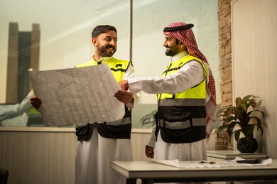 The concept of engineering planning, following project details, reviewing the construction plan, a Saudi Gulf Arab engineer wearing a safety vest standing and holding an engineering plan while following the explanation alongside a colleague, the use of paper plans in engineering work, a modern work environment in the construction sector, the concept of urban development and project management.