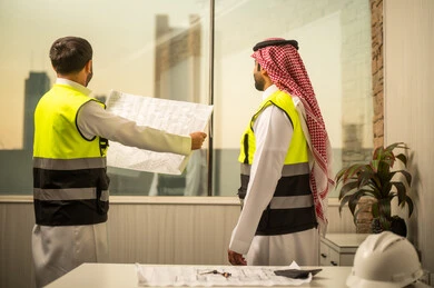 مراجعة مخطط البناء، متابعة تفاصيل المشروع، مفهوم التخطيط الهندسي، مهندس عربي خليجي سعودي يرتدي سترة السلامة يقف ويمسك مخطط هندسي يتابع الشرح برفقة زميلة، استخدام المخططات الورقية في العمل الهندسي، بيئة عمل حديثة في قطاع الإنشاءات، مفهوم التطوير العمراني وإدارة المشاريع