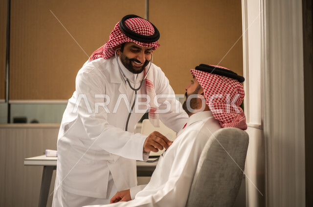 A Saudi Arabian Gulf Arab doctor wearing a white thobe, a ghutrah, and a medical coat is using a stethoscope to examine a patient, conducting regular checks of heartbeats, understanding the concept of medicine and healthcare, and measuring the heart rate.