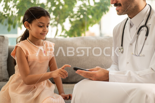 Rapid medical tests to determine blood sugar levels, regular follow-up for diabetes patients, use of electronic devices for home testing, a Saudi girl suffering from a chronic medical condition, an Arab Gulf Saudi doctor wearing a lab coat is pricking the finger of a girl.