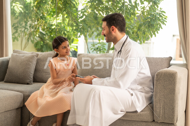 Regular follow-up for diabetes patients, quick medical tests to check blood sugar levels, use of electronic devices for home testing, a Saudi girl with a chronic medical condition, an Arab Gulf Saudi doctor wearing a lab coat is pricking the finger of a girl.