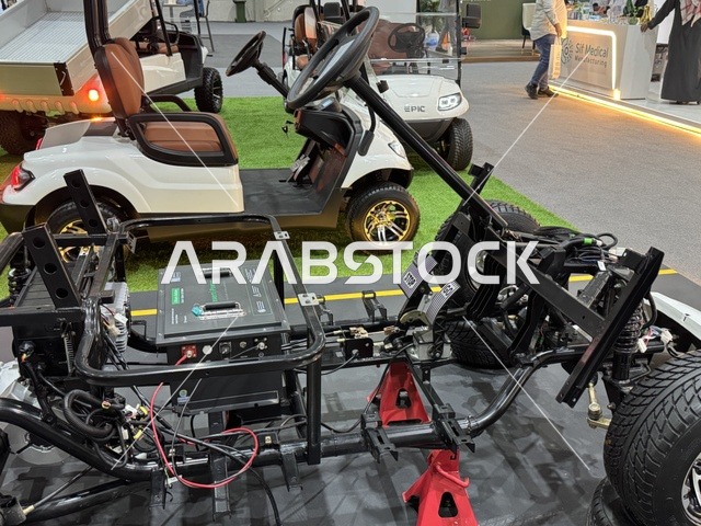 Manufacturing and assembling electric golf carts at the "Made in Saudi Arabia 2025" exhibition, a prominent industrial event aimed at enhancing Saudi national services, showcasing the quality and diversity of national industries and their innovations. The exhibition carries the slogan "We Empower Manufacturing," organized by the Saudi Export Development Authority, 2025 at the Riyadh Exhibition Center.