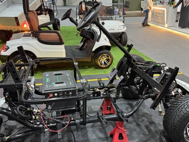 Manufacturing and assembling electric golf carts at the "Made in Saudi Arabia 2025" exhibition, a prominent industrial event aimed at enhancing Saudi national services, showcasing the quality and diversity of national industries and their innovations. The exhibition carries the slogan "We Empower Manufacturing," organized by the Saudi Export Development Authority, 2025 at the Riyadh Exhibition Center.