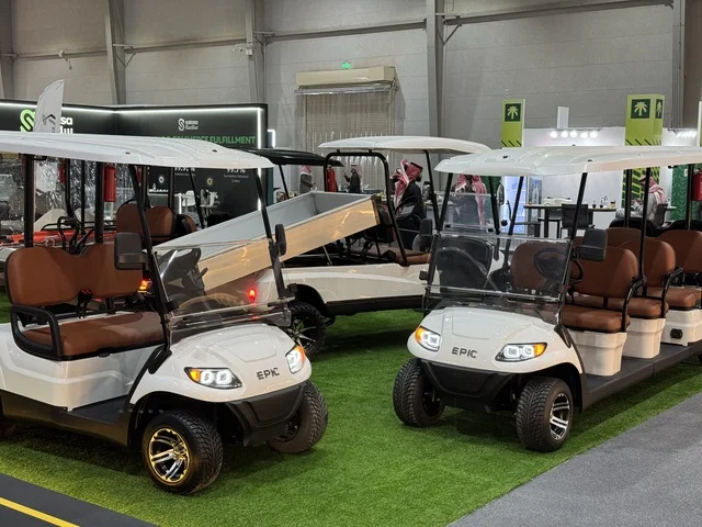 Electric golf carts are displayed at the "Made in Saudi Arabia 2025" exhibition, a prominent industrial event aimed at enhancing Saudi national services, showcasing the quality and diversity of national industries and their innovations. The exhibition carries the slogan "We Empower Manufacturing," organized by the Saudi Export Development Authority, 2025 at the Riyadh International Convention and Exhibition Center.