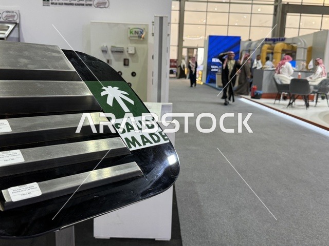 جملة صنع السعودية باللغة الانكليزية في معرض "صُنع في السعودية 2025"،  حدث صناعي بارز يهدف إلى تعزيزالخدمات الوطنية السعودية، إبراز جودة وتنوع الصناعات الوطنية وابتكاراتها،  يحمل المعرض شعار "نصنع التمكين"، هيئة تنمية الصادرات السعودية، 2025 في مركز الرياض للمعارض