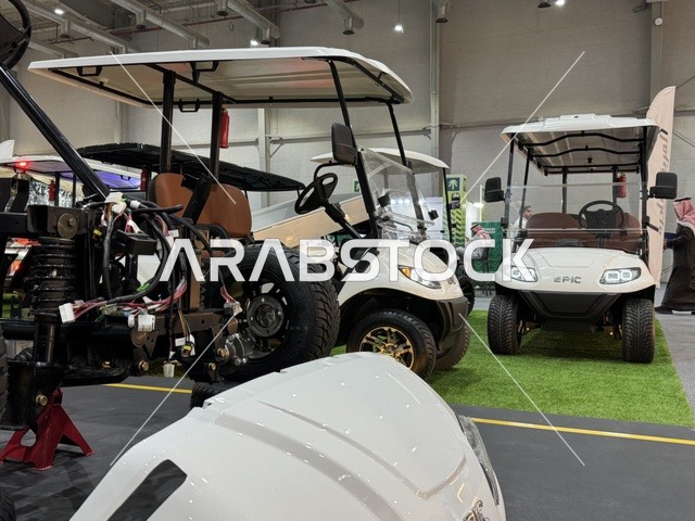 Manufacturing and assembling electric golf carts at the "Made in Saudi Arabia 2025" exhibition, a prominent industrial event aimed at enhancing Saudi national services, showcasing the quality and diversity of national industries and their innovations. The exhibition carries the slogan "We Empower Manufacturing," organized by the Saudi Export Development Authority, 2025 at the Riyadh Exhibition Center.