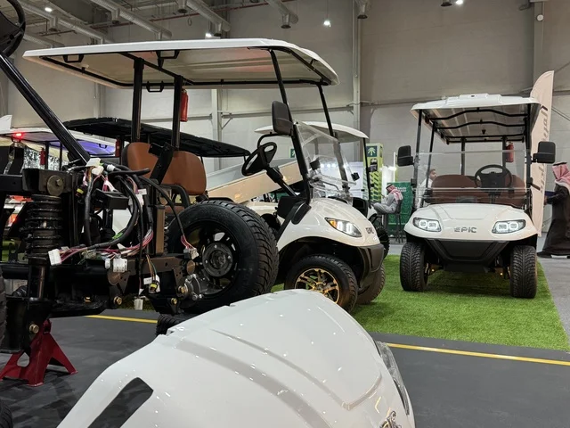 Manufacturing and assembling electric golf carts at the "Made in Saudi Arabia 2025" exhibition, a prominent industrial event aimed at enhancing Saudi national services, showcasing the quality and diversity of national industries and their innovations. The exhibition carries the slogan "We Empower Manufacturing," organized by the Saudi Export Development Authority, 2025 at the Riyadh Exhibition Center.