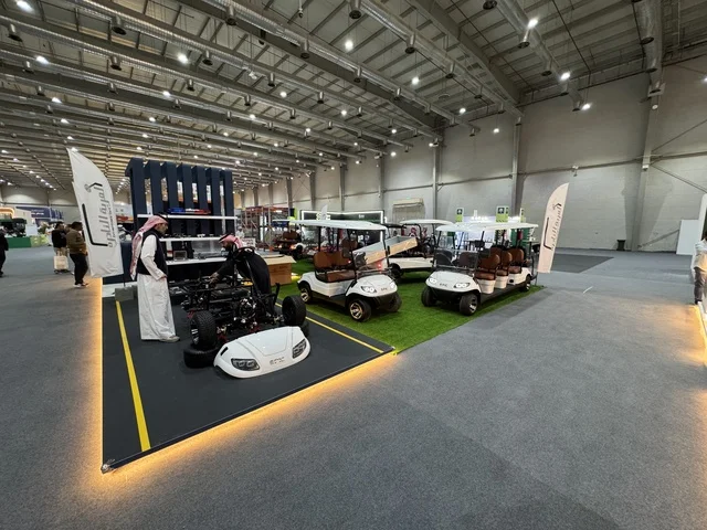 Electric golf carts are displayed at the "Made in Saudi Arabia 2025" exhibition, a prominent industrial event aimed at enhancing Saudi national services, showcasing the quality and diversity of national industries and their innovations. The exhibition carries the slogan "We Empower Manufacturing," organized by the Saudi Export Development Authority, 2025 at the Riyadh International Convention and Exhibition Center.