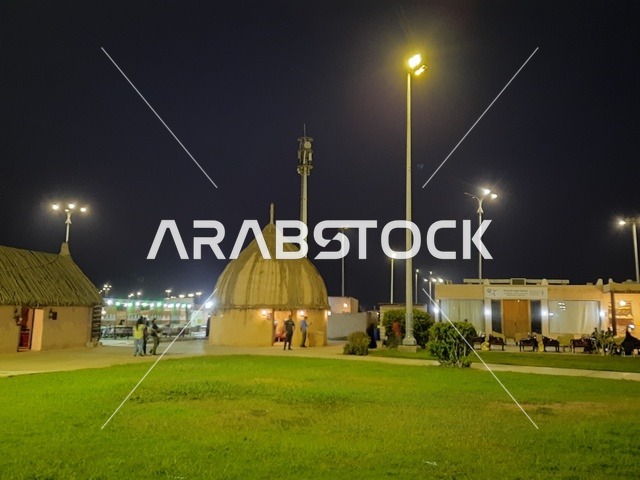 Models of ancient houses that mimic old villages, a traditional Tihami house in an ancient conical shape, a tourist and cultural destination on the southern corniche of Jazan city in the Kingdom of Saudi Arabia, showcasing the cultural heritage and rich history of the Jazan region