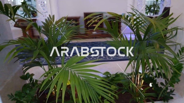 A religious Islamic mosque in the Kingdom of Saudi Arabia, a place for worship and getting closer to Allah Almighty, the Omar Ibn Al-Jamouh Mosque in Ibn Khaldun neighborhood (Al-Muraykabat) in the city of Dammam, a small indoor bird garden, attention to planting green plants in the mosque, interior decoration in the Islamic style.