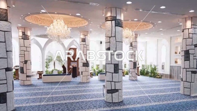 جامع عمرو بن الجموح في حي ابن خلدون (المريكبات) بمدينة الدمام، مسجد ديني اسلامي في المملكة العربية السعودية، حديقة طيور داخلية صغيرة، النجف والثريا المعلقة في السقف، النباتات الخضراء داخل المسجد، الديكور الداخلي على الطراز الاسلامي