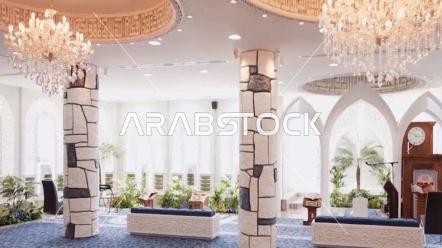 جامع عمرو بن الجموح في حي ابن خلدون (المريكبات) بمدينة الدمام، مسجد ديني اسلامي في المملكة العربية السعودية، حديقة طيور داخلية صغيرة، النجف والثريا المعلقة في السقف، النباتات الخضراء داخل المسجد، الديكور الداخلي على الطراز الاسلامي