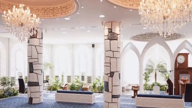 جامع عمرو بن الجموح في حي ابن خلدون (المريكبات) بمدينة الدمام، مسجد ديني اسلامي في المملكة العربية السعودية، حديقة طيور داخلية صغيرة، النجف والثريا المعلقة في السقف، النباتات الخضراء داخل المسجد، الديكور الداخلي على الطراز الاسلامي