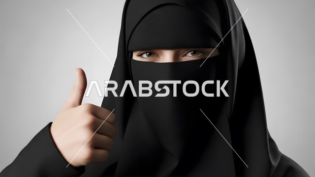 مفهوم القبول و الموافقة، تعابير الموافقة والقبول, النظر الى الكاميرا بإيماءات السرور الرضى والاعجاب، بورتريه لامرأة عربيه خليجية سعودية منقبة محجبة ترتدي العباءه تشير باصابع الابهام الى الاعلى بعلامه الامتياز