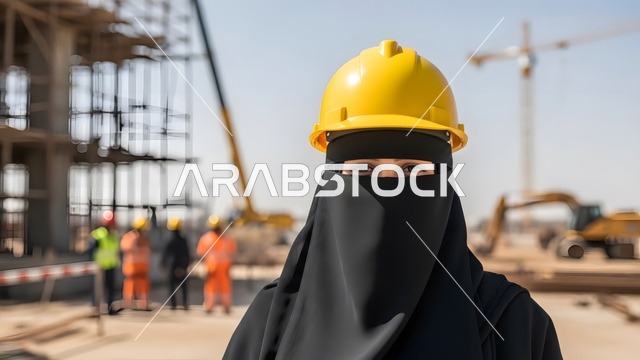 Women's work in the engineering sector, looking at the camera with feminine gestures, a close-up shot of a veiled Arab Gulf Saudi female engineer wearing a safety helmet, the concept of modesty and covering, a female engineering profession and job.