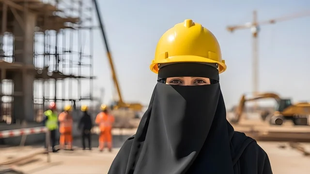عمل النساء في القطاع الهندسي، النظر الى الكاميرا بايماءات الانوثة، تصوير مقرب لإمرأة مهندسة عربية خليجية سعودية منقبة ترتدي الخوذة الوقاية، مفهوم الحشمة والسترة، مهنة ووظيفة نسائية هندسية
