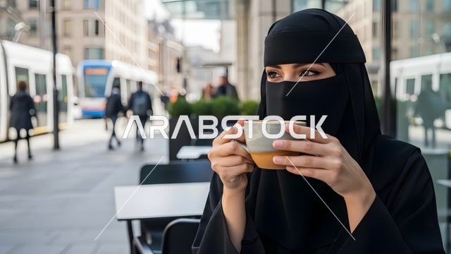 تناول المشروبات الساخنة، في عطلة نهاية الاسبوع قضاء أوقات ممتعه في الخارج، تبادل الاحاديث و الدردشة مع احد الاصدقاء، تصوير مقرب لإمرأة عربية خليجية سعودية ترتدي النقاب والعباءة , جلسة وناسة ونقاشات وحوارات