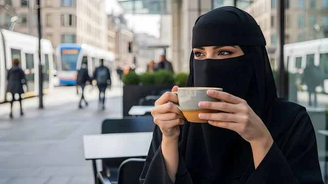 Muslim Woman in Niqab Using Smartphone in Urban Street
