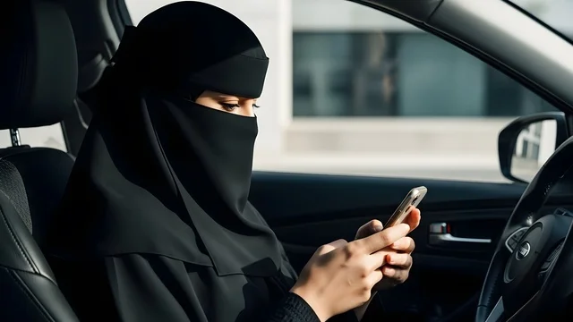 The use of a modern and advanced technical device, taking selfies using a mobile phone, a close-up shot of a Gulf Arab Saudi woman inside a car wearing an abaya and niqab searching for a location through her mobile phone, integrating technology into daily life.