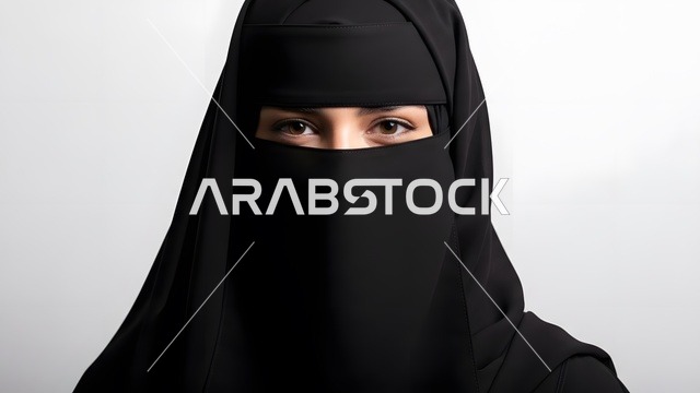 مفهوم الجمال والانوثة، إمرأة عربية سعودية خليجية منقبه ترتدي العباءه السوداء, تقف بإستقامه وثقة بالنفس , السترة والحشمة إمراة مسلمة، جلسة تصوير , فتاه سعوديه ، خلفية بيضاء