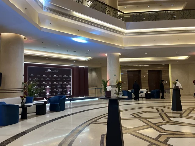 The entrance of the conference center at the conclusion of the Riyadh Theater Festival at the Princess Nourah bint Abdulrahman Theater in Riyadh on December 24, 2025, an exceptional night celebrating art and beauty, a crowning of the stars of Saudi theater, a grand artistic celebration.