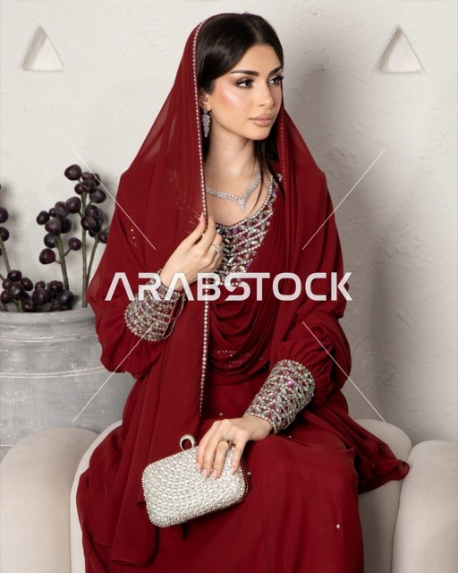 Jewelry and ornaments made of silver and diamonds, wearing a modern women's outfit, a Saudi Gulf Arab woman wearing an embroidered abaya, beauty, elegance, and attention to external appearance.