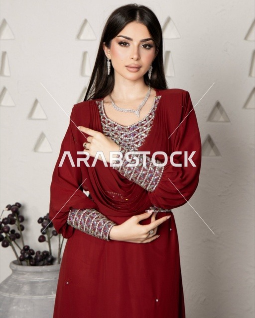Jewelry and ornaments made of silver and diamonds, wearing a modern women's outfit, a Saudi Gulf Arab woman wearing an embroidered abaya, beauty, elegance, and attention to external appearance.