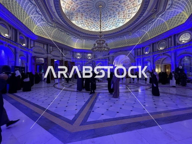 A luxurious conference hall with authentic Arabic design, the future of freelance work and modern technologies in the Kingdom of Saudi Arabia, events of the Entrepreneurship Forum and modern work styles (DeveGo 2025) at the King Abdulaziz International Conference Center in Riyadh, from December 21 to 23, 2025.
