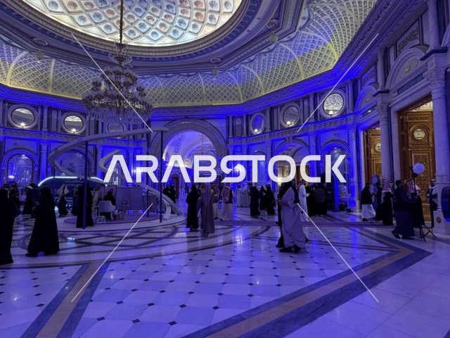 A luxurious conference hall with authentic Arabic design, the future of freelance work and modern technologies in the Kingdom of Saudi Arabia, events of the Entrepreneurship Forum and modern work styles (DeveGo 2025) at the King Abdulaziz International Conference Center in Riyadh, from December 21 to 23, 2025.