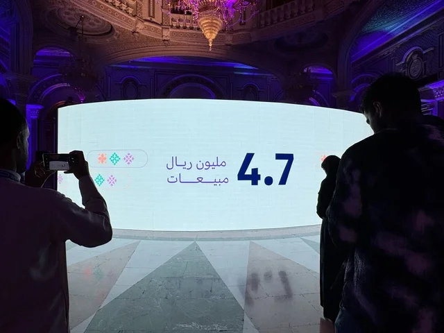 An LED display showcasing statistics and achievements, the Entrepreneurship Forum and Modern Work Styles (DeveGo 2025) at the King Abdulaziz International Conference Center in Riyadh, from December 21 to 23, 2025, the future of freelance work and modern technologies in the Kingdom of Saudi Arabia.