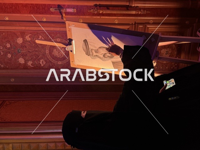 A Saudi artist is painting a work of art for the Crown Prince during the events of the Entrepreneurship Forum and Modern Work Styles (DeveGo 2025) at the King Abdulaziz International Conference Center in Riyadh, from December 21 to 23, 2025, bringing together entrepreneurs, experts, and visitors, focusing on the future of freelance work and modern technologies.