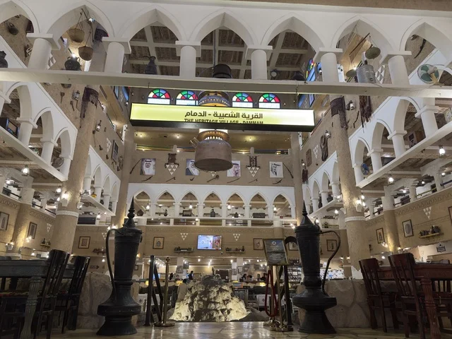The design of the place features Arabic details to explore heritage and traditions. The restaurant hall inside the heritage village is a prominent museum and restaurant located on the Corniche of Dammam in the Kingdom of Saudi Arabia, offering traditional Saudi cuisine.