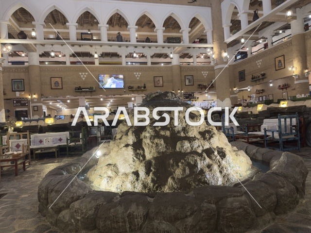 The use of a large rock shaped like a water fountain, the restaurant hall inside the heritage village is a prominent museum and restaurant located on the Corniche of Dammam in the Kingdom of Saudi Arabia, a restaurant that serves traditional Saudi cuisine.