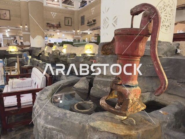 A vintage cast iron hand water pump, in a rural or historical setting, preserving and showcasing local heritage for visitors. The heritage village is a prominent museum and restaurant located on the Corniche of Dammam in the Kingdom of Saudi Arabia.