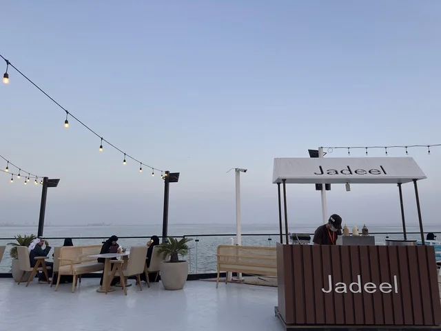 Jadeel Café in Bahar Takiya in the Eastern Province of Dammam on December 24, 2025, Saudi Arabia, a marine tourism and entertainment destination, various recreational activities, upscale coastal atmosphere, diverse restaurants and cafes.