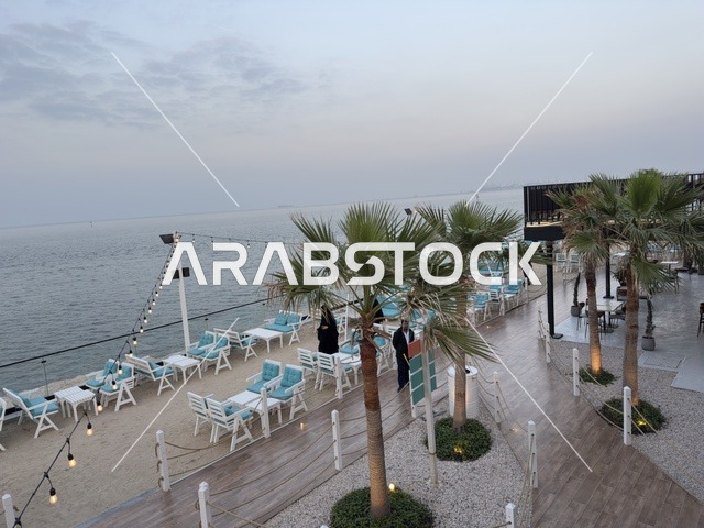 Diverse restaurants and cafes with a coastal view at Bahar Takiya in the Eastern Province of Dammam on December 24, 2025, Saudi Arabia, a tourist and recreational marine destination, enjoyable recreational activities.