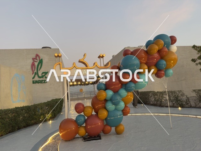 ديكور تصوير بالبالونات  عند مدخل تكية بحر فى المنطقه الشرقيه بالدمام يوم ٢٤ من ديسمبر ٢٠٢٥، المملكة العربية السعودية  ، أنشطة ترفيهية ممتعه ، تجربة استثنائية على ضفاف الساحل ،وجهة سياحية بحرية ، مطاعم ومقاهي متنوعة