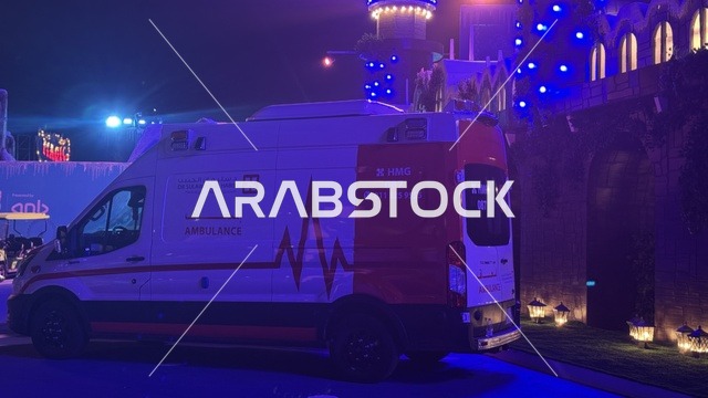 وجهة ترفيهية شتوية كبرى، سيارة اسعاف في ونتر وندرلاند جدة في حي الشاطئ بالقرب من الكورنيش على طريق الملك عبدالعزيز، فعالية موسم جدة 2025 ، مهرجان هايد بارك الشتوي الرائع من 14 نوفمبر 2025 إلى 1 يناير 2026