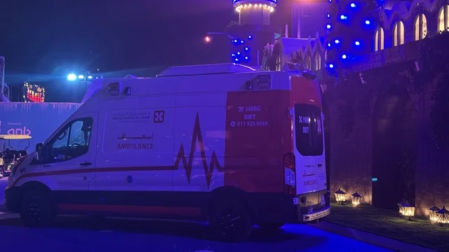 A major winter entertainment destination, an ambulance in Winter Wonderland Jeddah in the Al-Shatea neighborhood near the corniche on King Abdulaziz Road, part of the Jeddah Season 2025, the wonderful Hyde Park Winter Festival from November 14, 2025, to January 1, 2026.