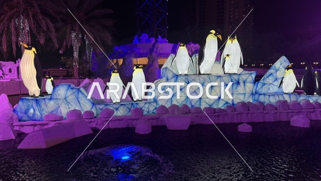 مجسمات البطريق في مهرجان هايد بارك الشتوي من 14 نوفمبر 2025 إلى 1 يناير 2026، فعالية موسم جدة 2025 ، ونتر وندرلاند جدة في حي الشاطئ بالقرب من الكورنيش على طريق الملك عبدالعزيز، وجهة ترفيهية شتوية كبرى