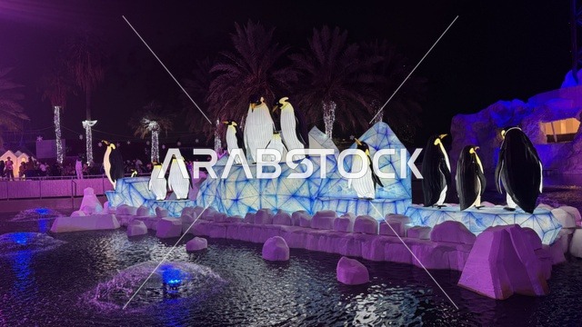 مجسمات البطريق في مهرجان هايد بارك الشتوي من 14 نوفمبر 2025 إلى 1 يناير 2026، فعالية موسم جدة 2025 ، ونتر وندرلاند جدة في حي الشاطئ بالقرب من الكورنيش على طريق الملك عبدالعزيز، وجهة ترفيهية شتوية كبرى