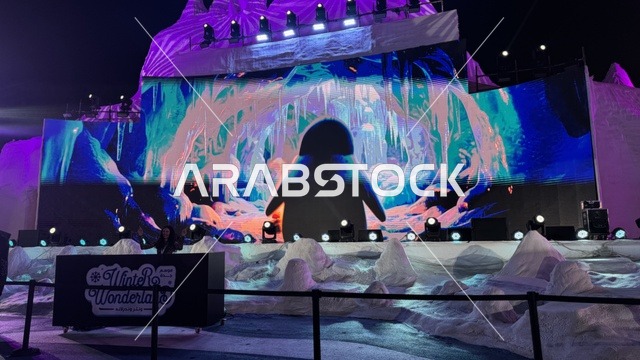 شاشة الكترونية مضاءة عملاقة في ونتر وندرلاند جدة في حي الشاطئ بالقرب من الكورنيش على طريق الملك عبدالعزيز، مهرجان هايد بارك الشتوي من 14 نوفمبر 2025 إلى 1 يناير 2026، فعالية موسم جدة 2025 ،  وجهة ترفيهية شتوية كبرى