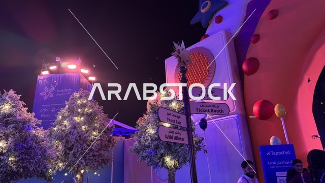 لوحة ارشادية في ونتر وندرلاند جدة في حي الشاطئ بالقرب من الكورنيش على طريق الملك عبدالعزيز، فعالية موسم جدة 2025 ،  مهرجان هايد بارك الشتوي من 14 نوفمبر 2025 إلى 1 يناير 2026، وجهة ترفيهية شتوية كبرى