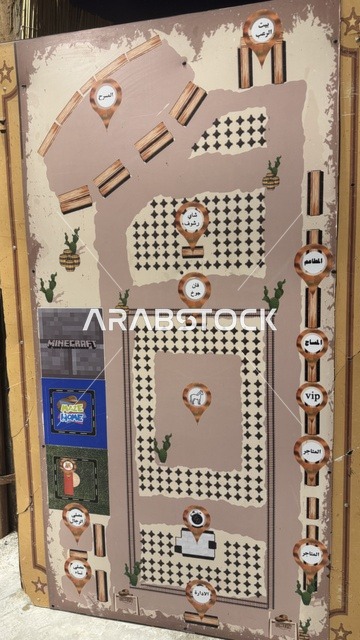 لوحة ارشادية في بلدة ساوث ويست (الكاوبوي) في حي الزهراء على طريق الملك عبدالعزيز في مدينة جدة لعام 2025، وجهة ترفيهية سياحية، أنشطة متنوعة في الهواء الطلق، مكان لقضاء وقت ممتع في المملكة العربية السعودية، مباني على الطراز الكلاسيكي الغربي