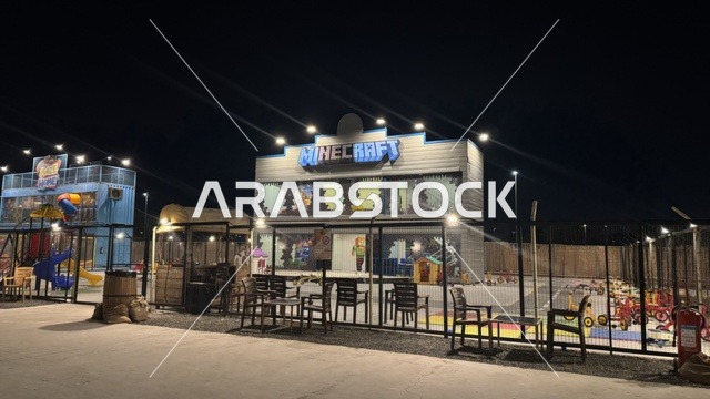 An entertainment game for children in the South West (Cowboy) town in the Al-Zahra neighborhood on King Abdulaziz Road in Jeddah for the year 2025, featuring buildings in classic Western style, a tourist entertainment destination, a place to have a good time in the Kingdom of Saudi Arabia, wearing American cowboy attire.