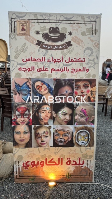 لوحة اعلانية في  بلدة ساوث ويست (الكاوبوي) في حي الزهراء على طريق الملك عبد العزيز في مدينة جدة لعام 2025، ارتداء زي الكاوبوي الامريكية، مكان لقضاء وقت ممتع في المملكة العربية السعودية، مباني على الطراز الكلاسيكي الغربي