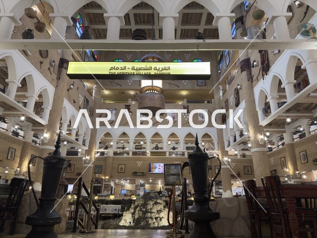 اثنان من أباريق القهوة العربية (الدلة) الكبيرة والداكنة اللون، صممت القرية لتعكس العمارة التقليدية للمنطقة، القرية الشعبية التراثية متحف ومطعم بارز يقع على كورنيش الدمام في المملكة العربية السعودية