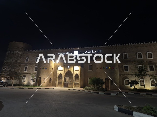 في وقت الليل البوابة الرئيسية للقرية، تعرض القرية التحف والمخطوطات والصور الوثائقية، صممت القرية لتعكس العمارة التقليدية للمنطقة، القرية الشعبية التراثية متحف ومطعم بارز يقع على كورنيش الدمام في المملكة العربية السعودية