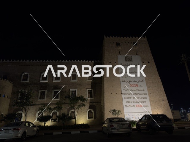 البوابة الرئيسية للقرية في وقت الليل، تعرض القرية التحف والمخطوطات والصور الوثائقية، صممت القرية لتعكس العمارة التقليدية للمنطقة، القرية الشعبية التراثية متحف ومطعم بارز يقع على كورنيش الدمام في المملكة العربية السعودية