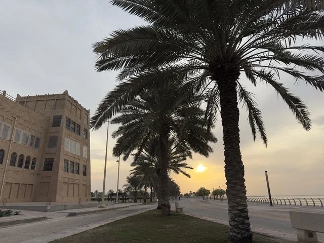 أشجار نخيل التمر الكناري على كورنيش الدمام، صممت القرية لتعكس العمارة التقليدية للمنطقة، القرية الشعبية التراثية متحف ومطعم بارز يقع على كورنيش الدمام في المملكة العربية السعودية